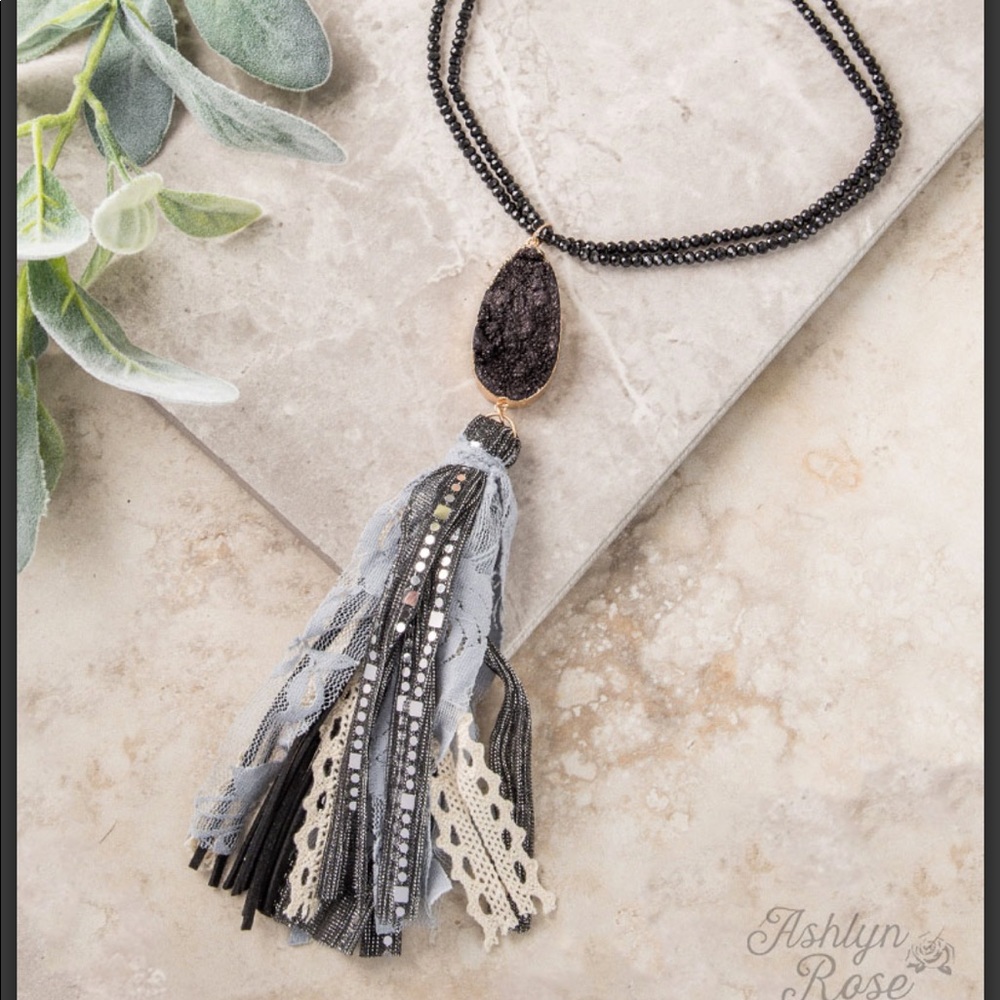 Beaded Tassel & Druzy Necklace